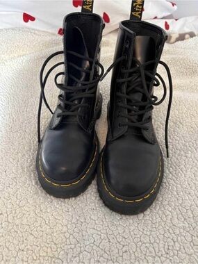 Dr. Martens Black Leather Lace-Up Boots with Yellow Stitching